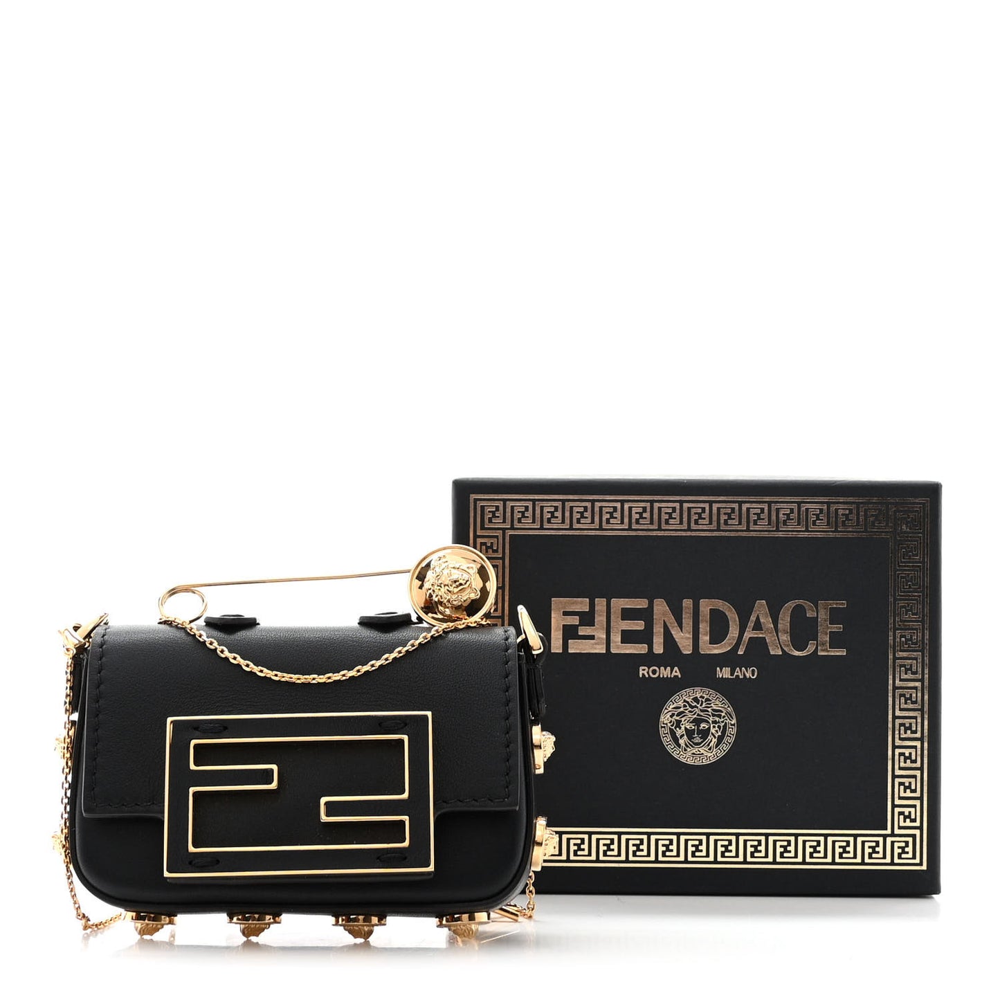 X VERSACE Vitello Seta Fendace Studded Nano Brooch Baguette Black