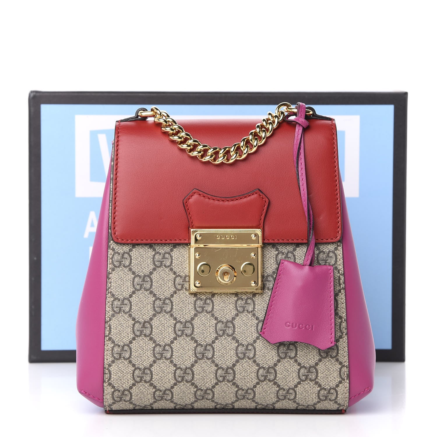 Gucci GG Supreme Monogram Calfskin Padlock Backpack Beige Hibiscus Red New Rosette 13 of 13