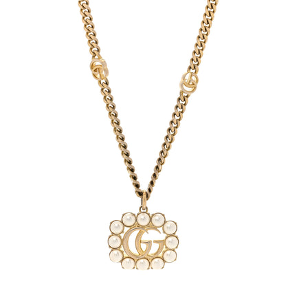 Gucci Pearl Embellished Double G Necklace Aged Gold 1 of 5