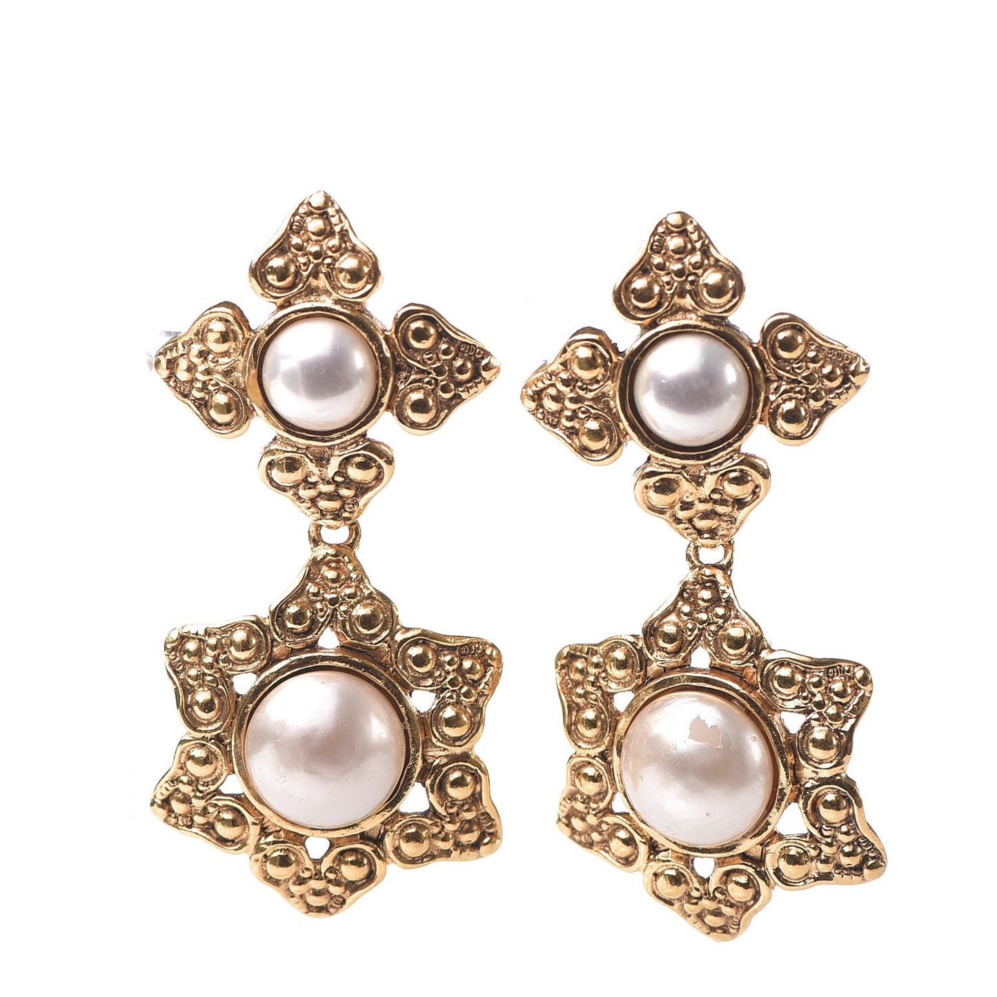 Hammered Medallion CC Dangle Clip On Earrings Gold