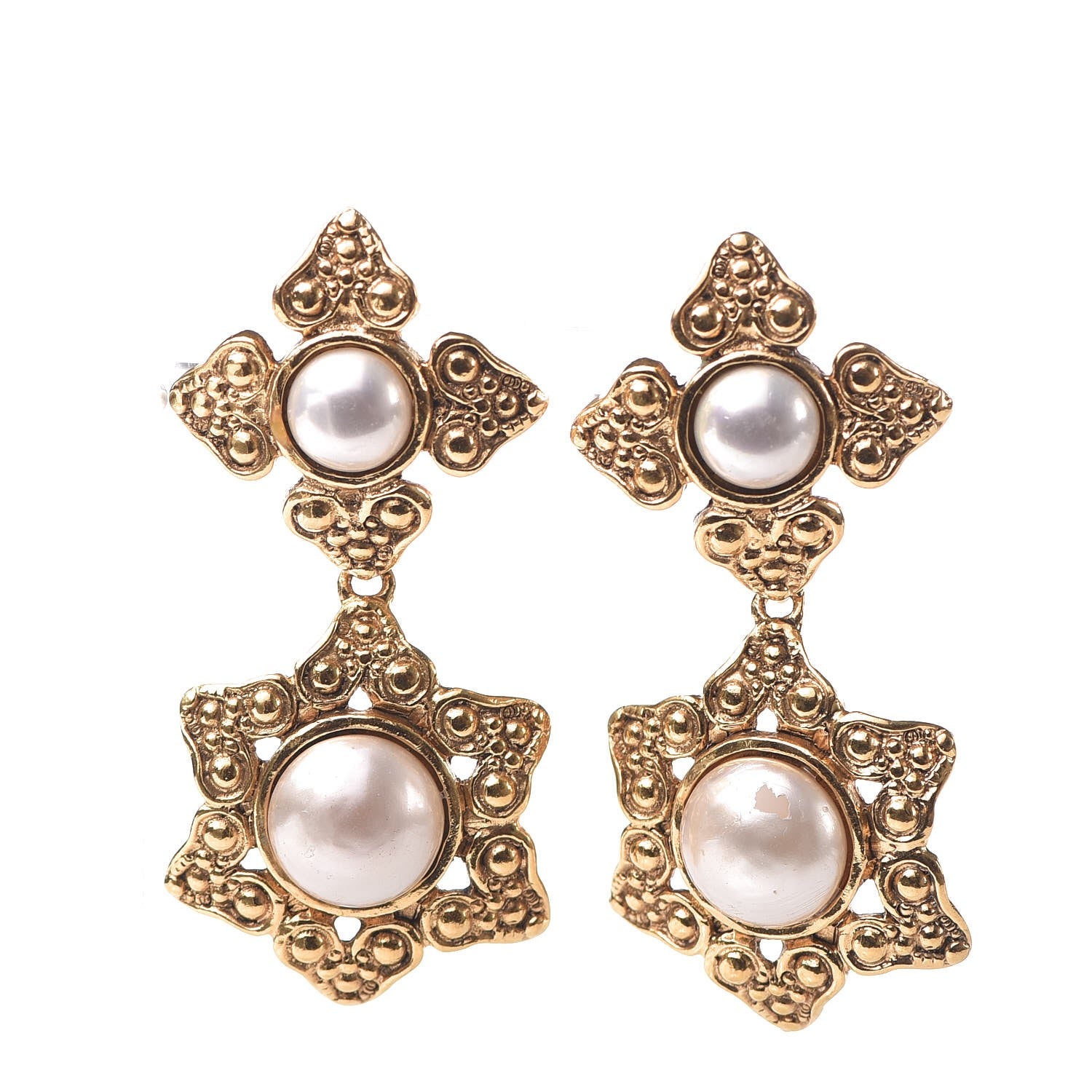 Chanel Hammered Medallion CC Dangle Clip On Earrings Gold 1 of 5