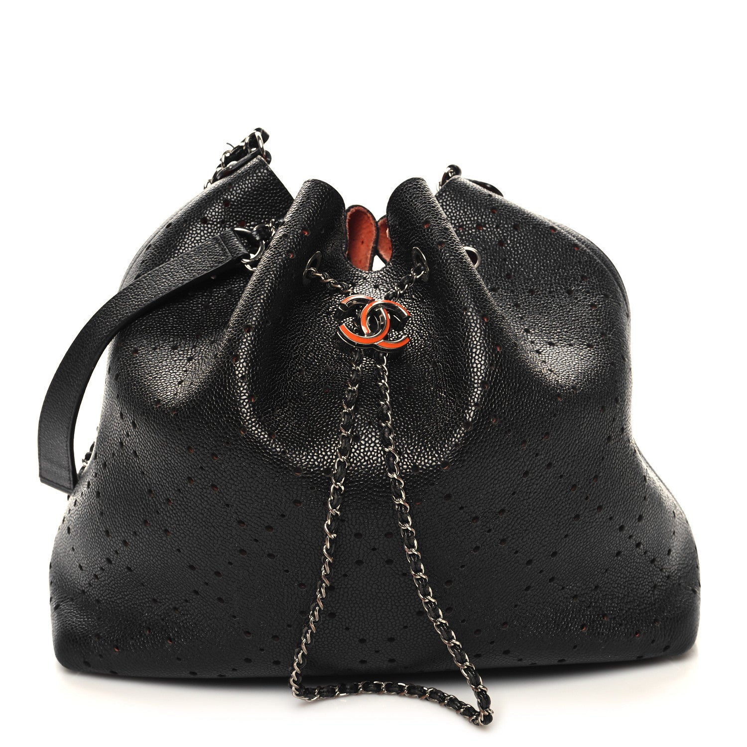 Chanel Caviar Perforated Drawstring CC Bag Black Orange 1 of 15