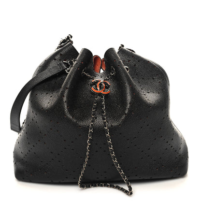 Chanel Caviar Perforated Drawstring CC Bag Black Orange 1 of 15