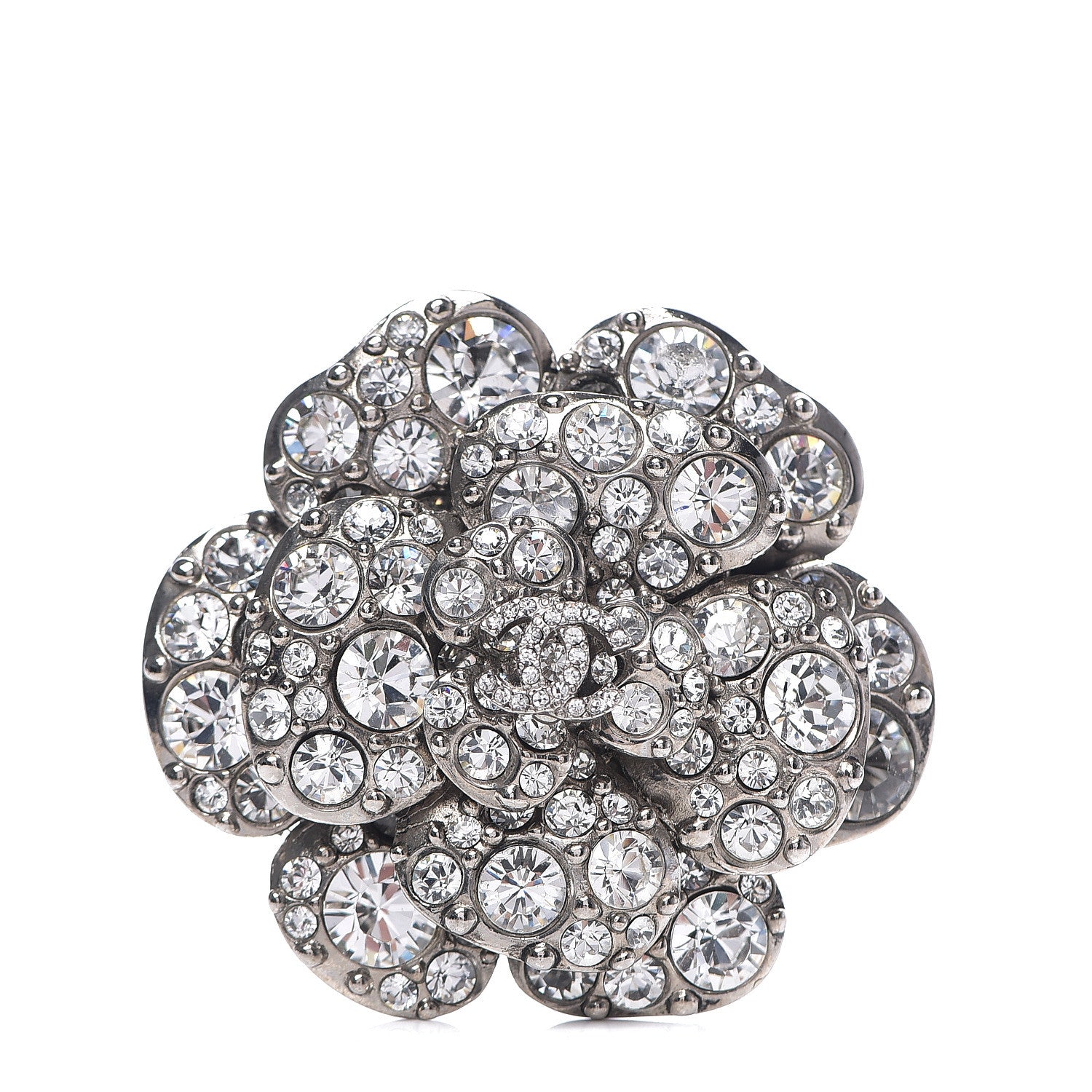 Chanel Swarovski Crystal Camellia CC Brooch Silver 1 of 4