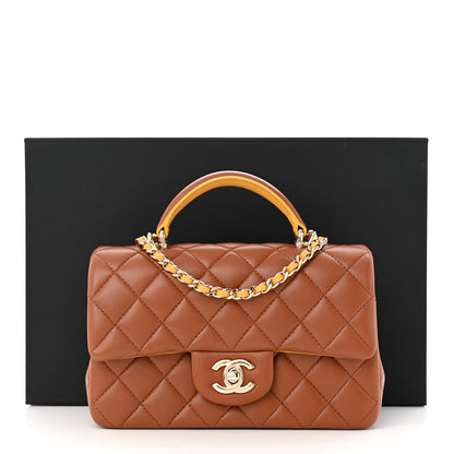 Chanel Lambskin Quilted Bi-Color Mini Top Handle Rectangular Flap Light Brown Yellow 11 of 11