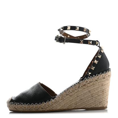 Valentino Garavani Grained Calfskin Rockstud Ankle Wrap Espadrille 15/85mm Wedges 39 Black Light Cuir 1 of 8