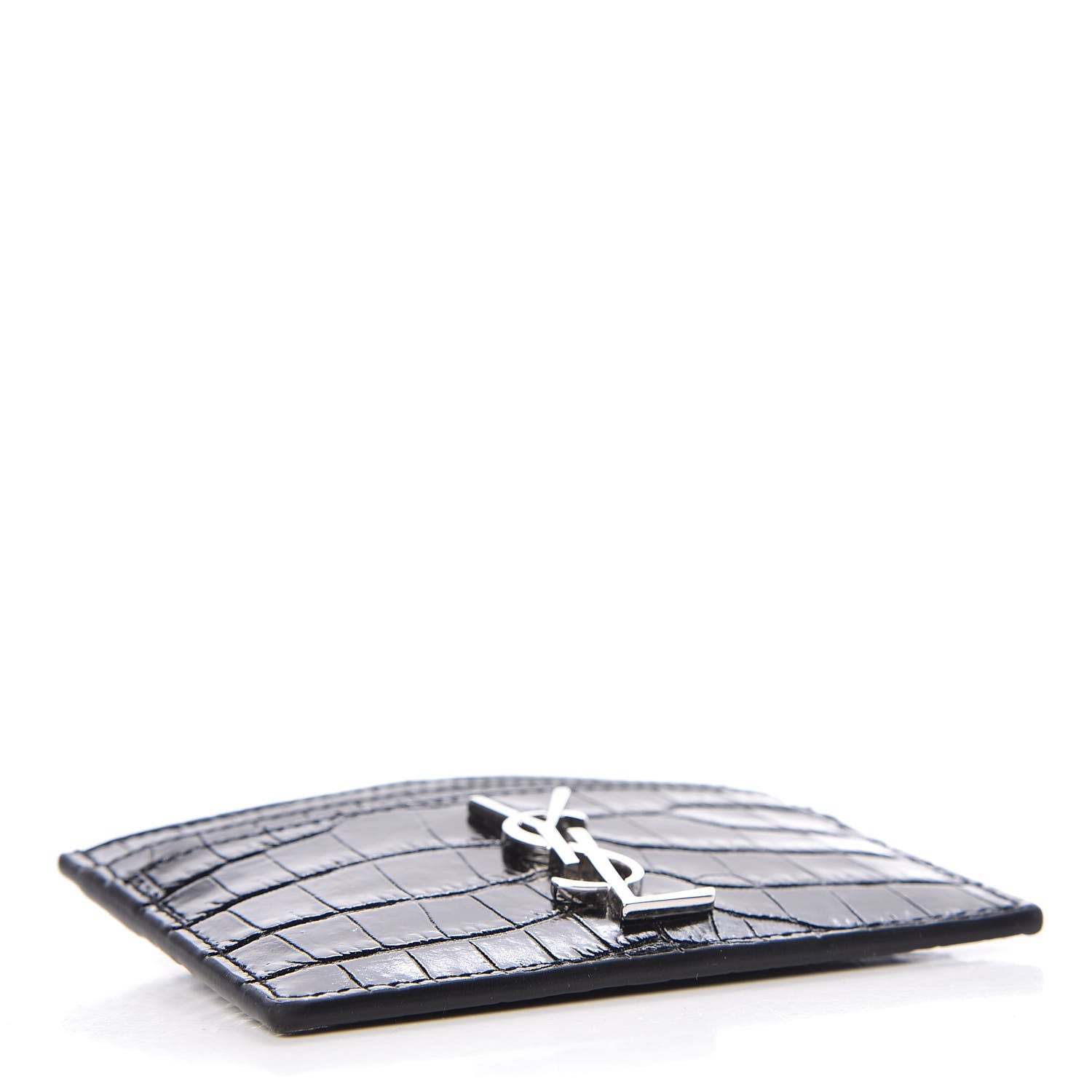 Saint Laurent Calfskin Crocodile Embossed Monogram Credit Card Case Black 4 of 8