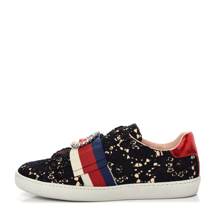Gucci Lace Crystal Sylvie Web Flower Leaf Womens Ace Sneakers 38.5 Black Tan Beige 1 of 11