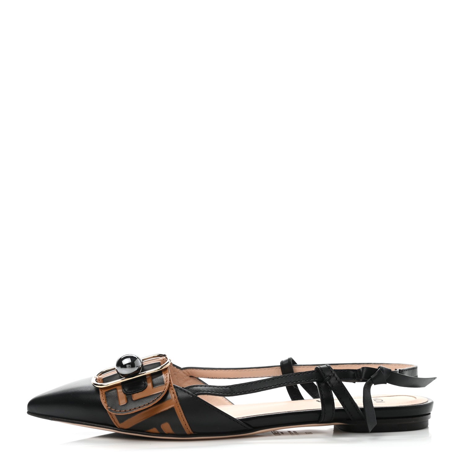 Fendi Vitello FF Embossed Pearland Decollete Aperta Slingback Flats 38 Black Tobacco Moro 1 of 7