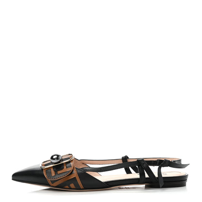 Fendi Vitello FF Embossed Pearland Decollete Aperta Slingback Flats 38 Black Tobacco Moro 1 of 7