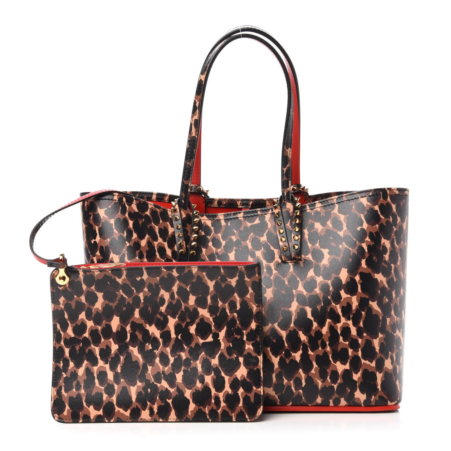 Calfskin Leopard Print Spikes Small East West Cabata Tote Brown