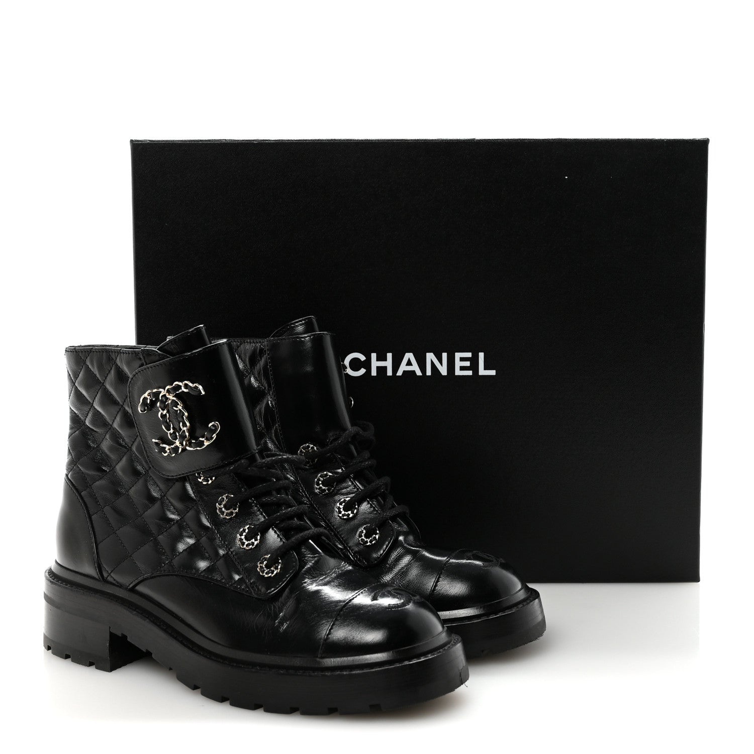 Chanel Shiny Calfskin Quilted Lace Up Combat Boots 37.5 Black 19 of 20