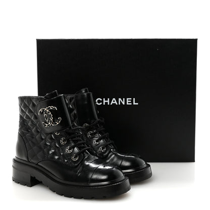Chanel Shiny Calfskin Quilted Lace Up Combat Boots 37.5 Black 19 of 20