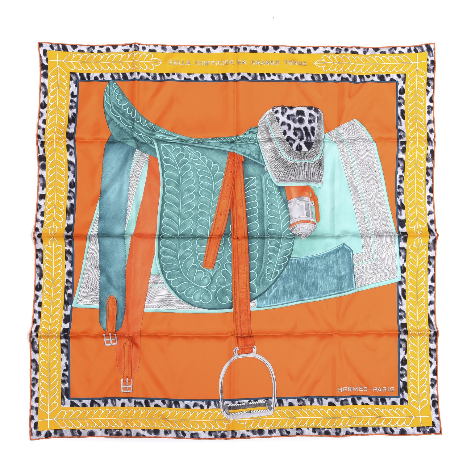 Hermes Silk Selle d'Officier En Grande Tenue Scarf 90 Orange Turquoise Jaune D'Or 1 of 5
