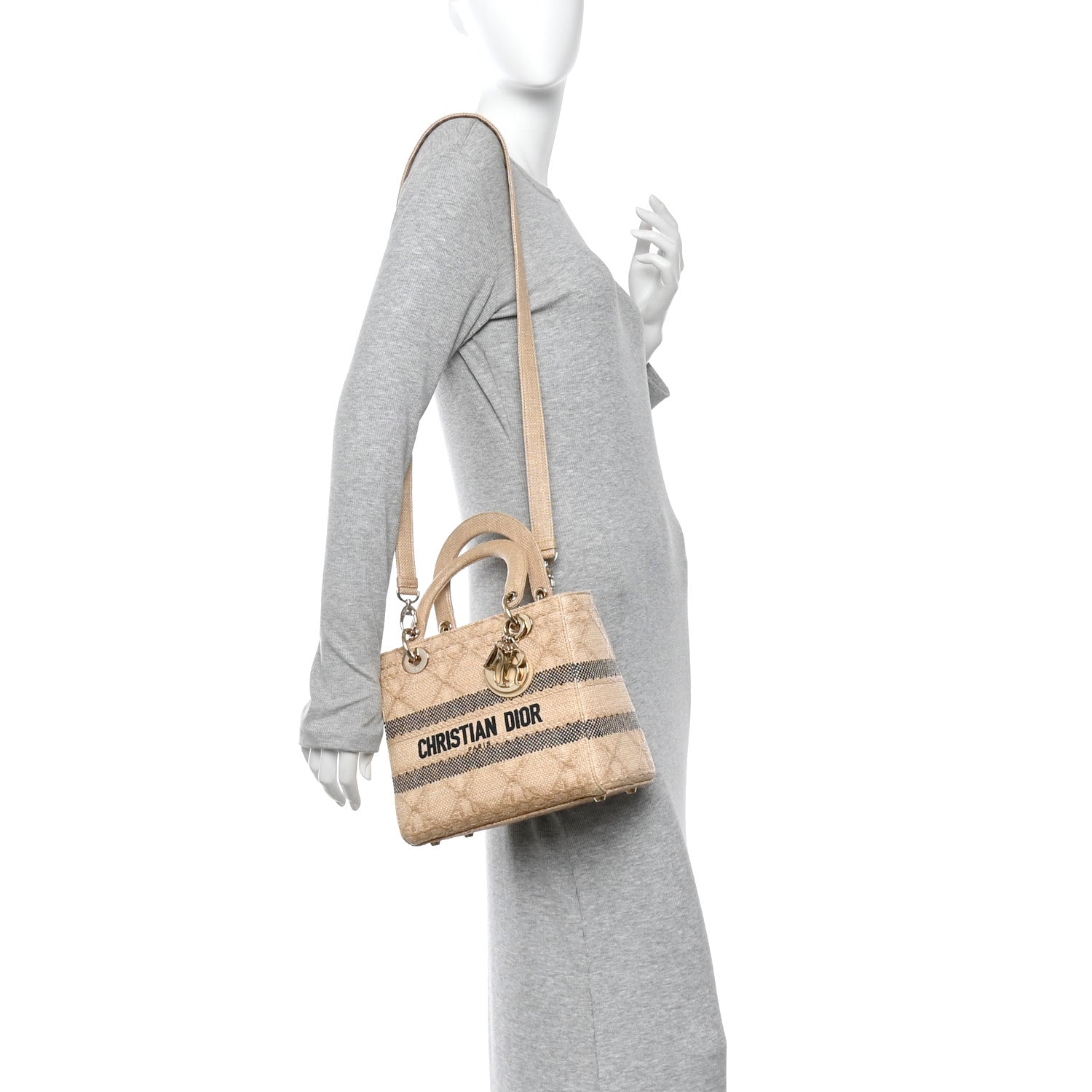 Christian Dior Raffia Woven Cannage Embroidered Medium Lady D-Lite Natural Black 2 of 10