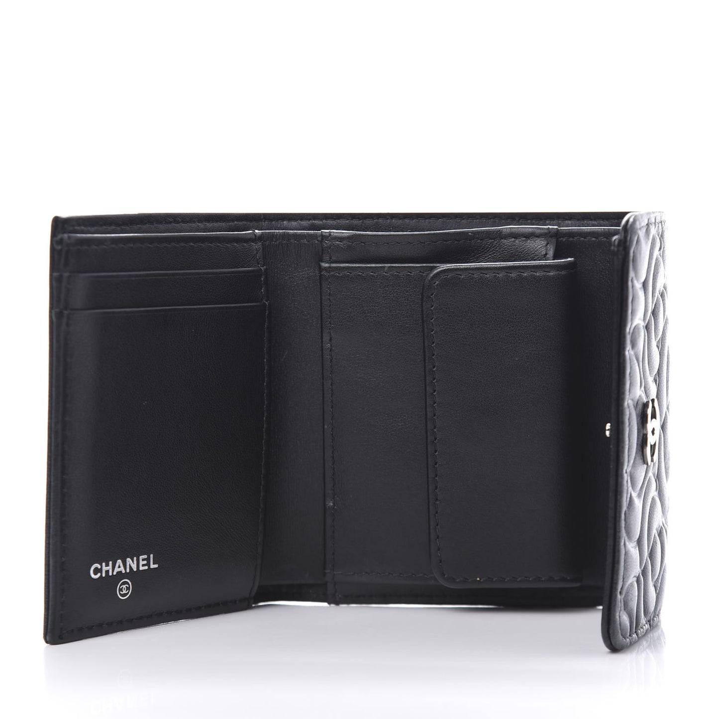 Goatskin Camellia Embossed Compact Wallet Black