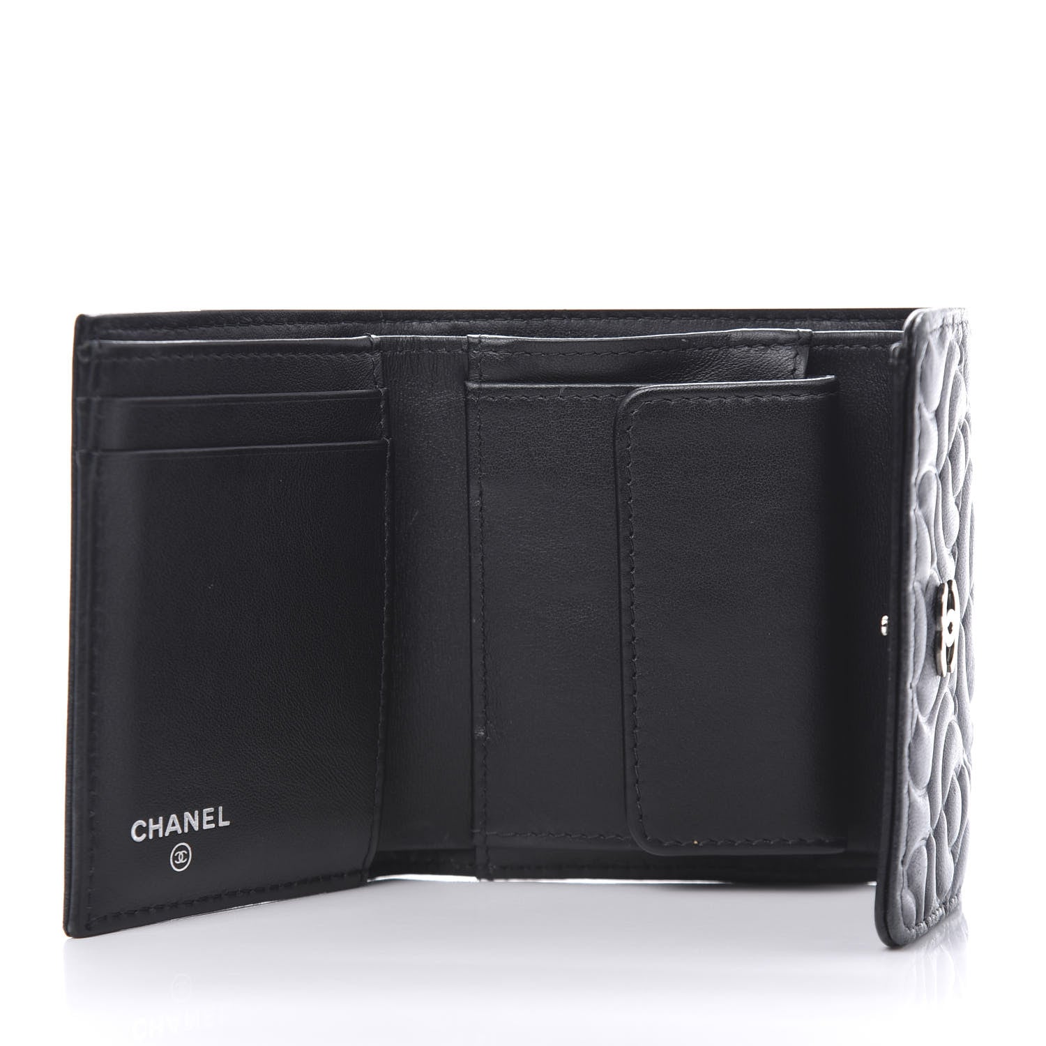 Chanel Goatskin Camellia Embossed Compact Wallet Black 5 of 10