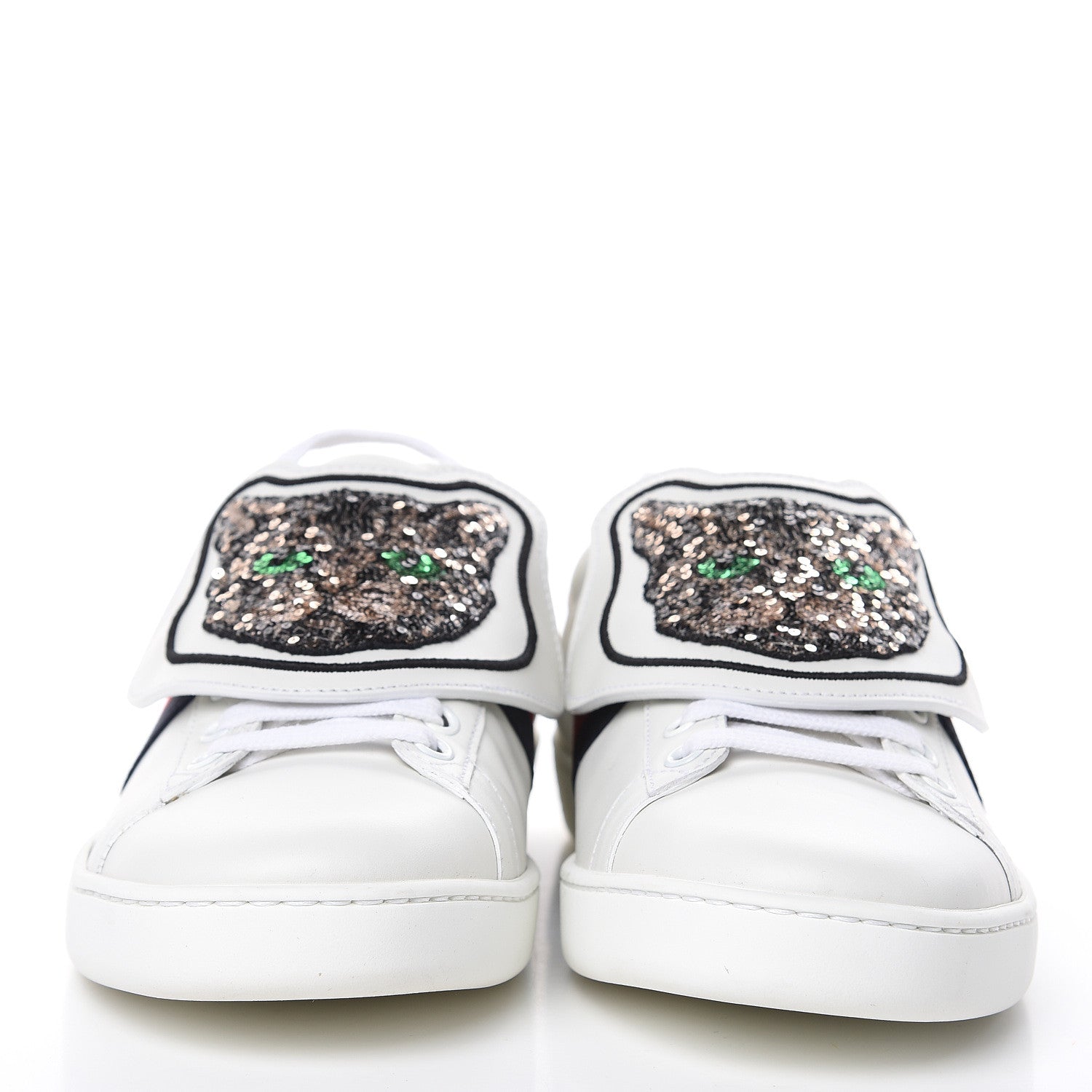 Gucci Calfskin Sequins Web Cat Womens Ace Sneakers 40 White 2 of 9