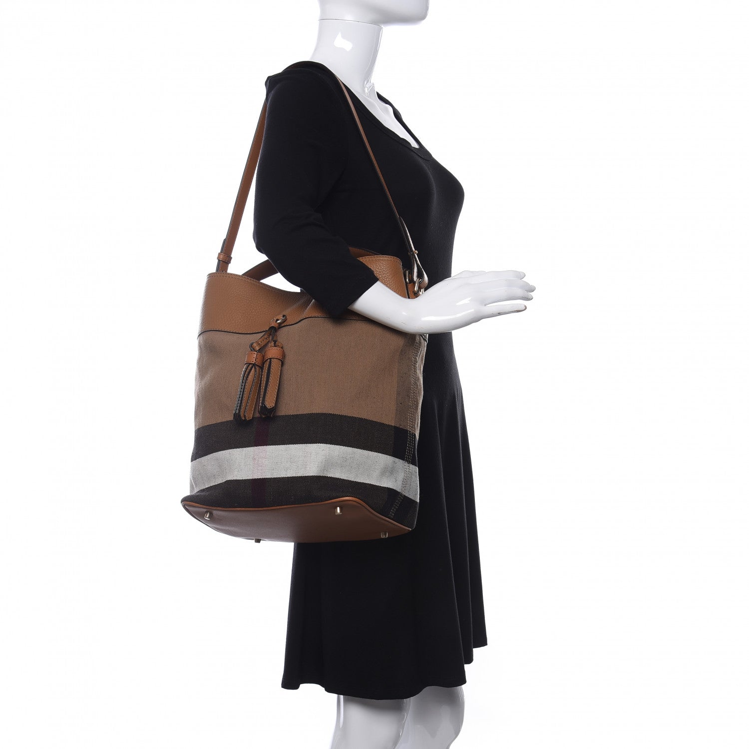 Burberry Grainy Calfskin Canvas Mega Check Medium Ashby Tassel Hobo Saddle Brown 2 of 9