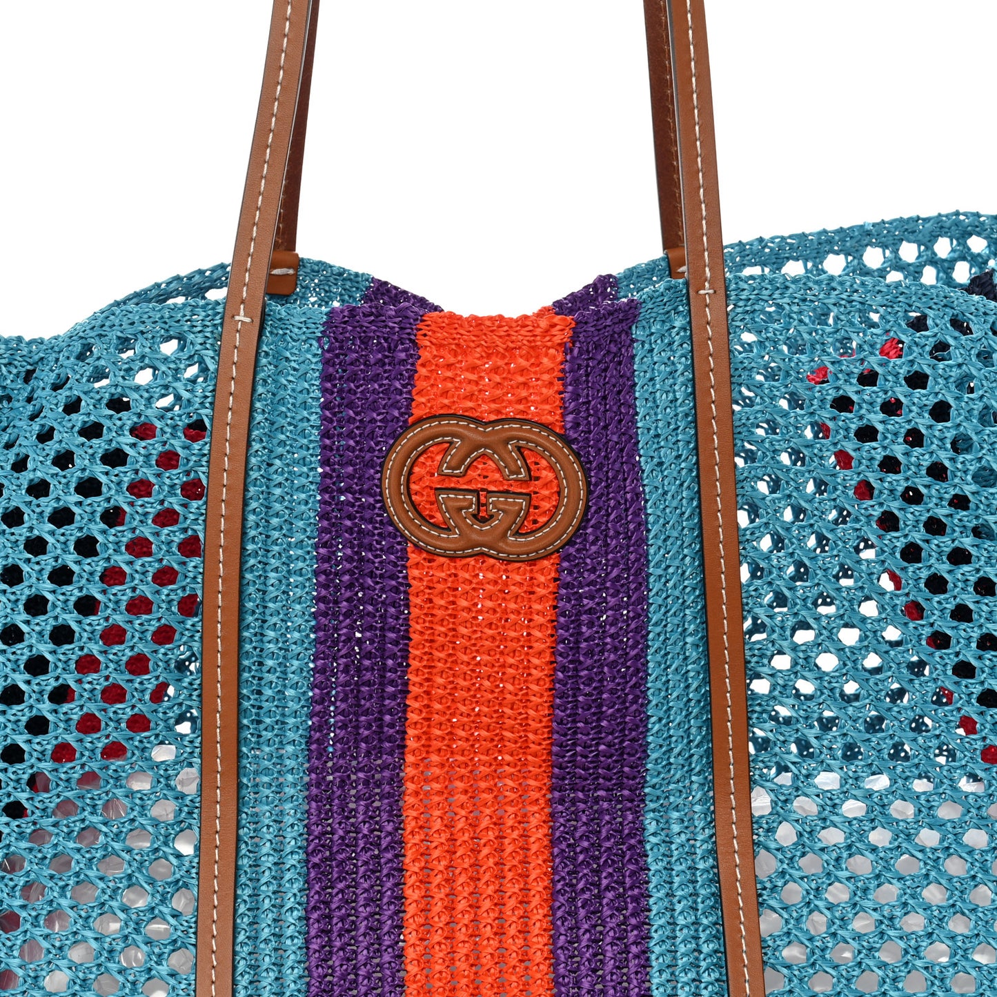 Raffia Web Woven Interlocking G Tote Blue Multicolor