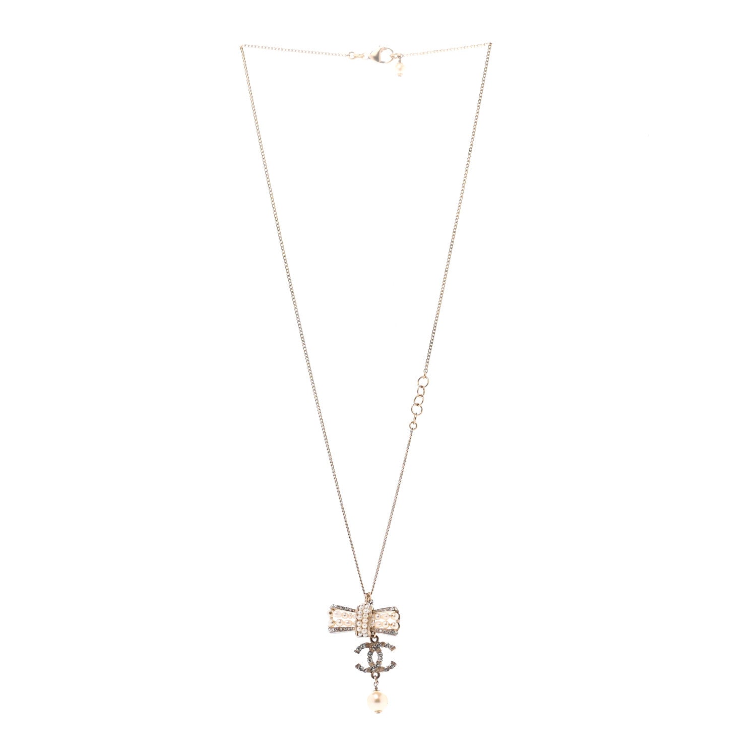 Chanel Crystal Pearl CC Bow Necklace Gold 3 of 5