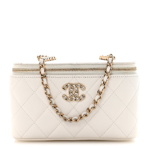 Caviar Quilted Crystal Hearts Small Vanity Case With Chain White