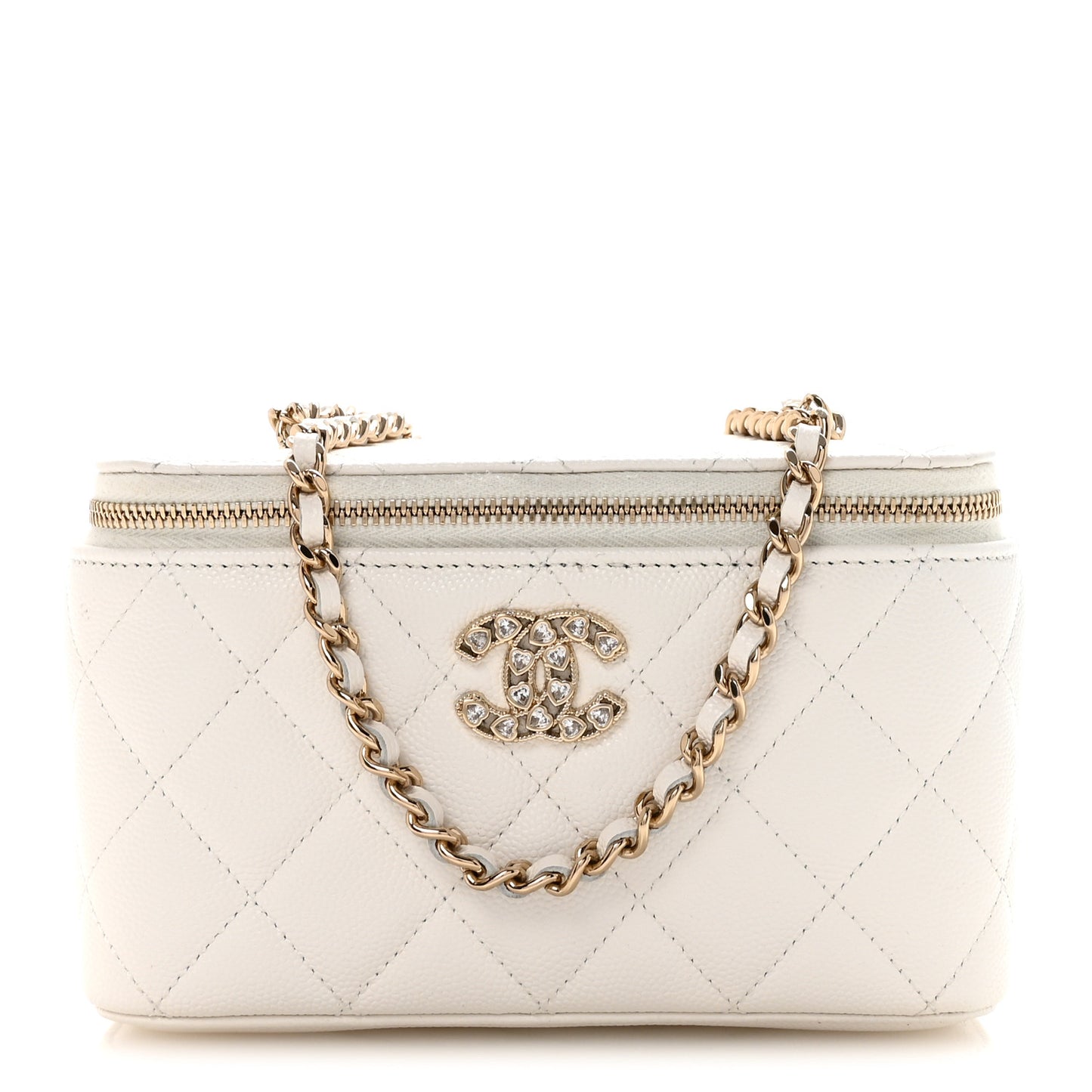 Caviar Quilted Crystal Hearts Small Vanity Case With Chain White