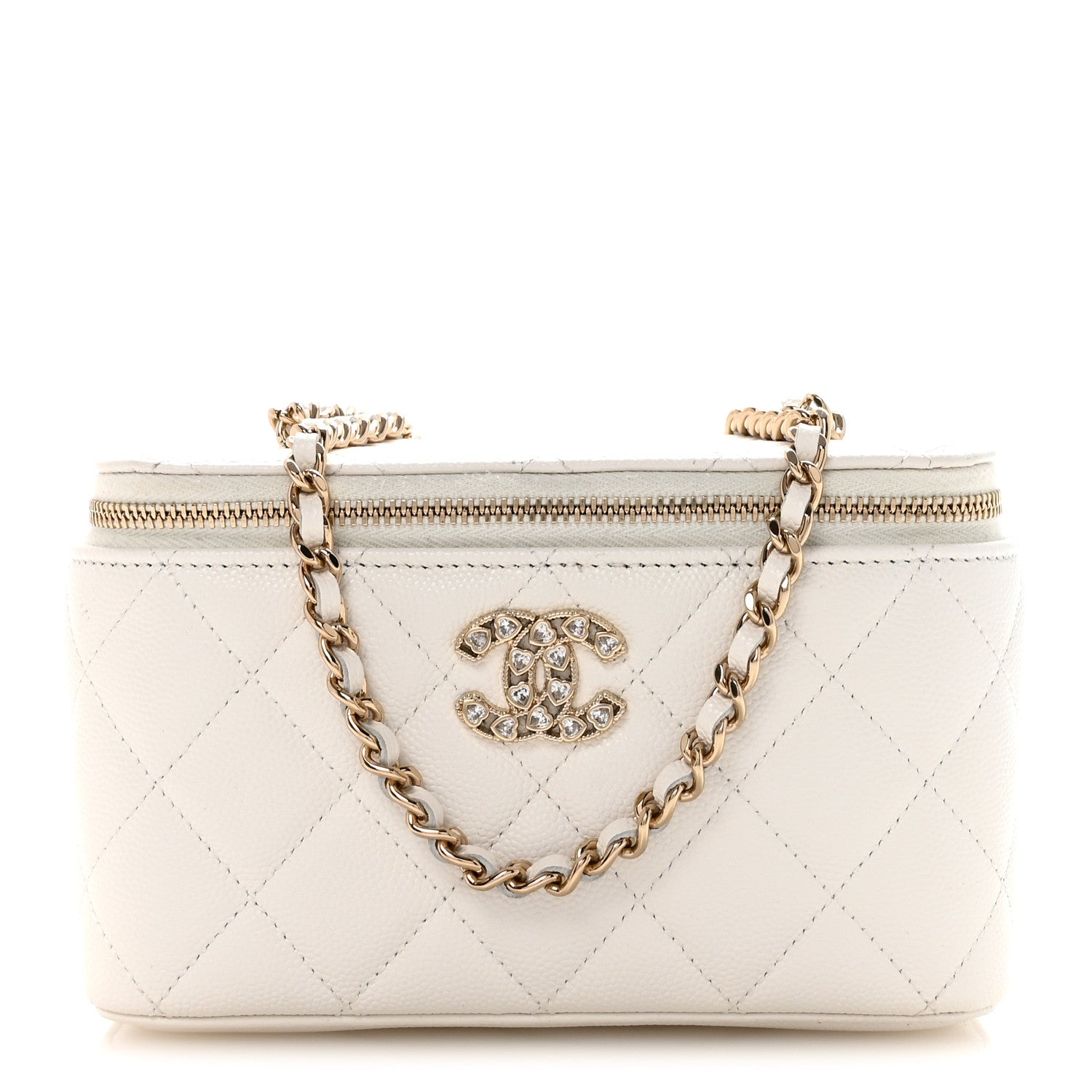 Chanel Caviar Quilted Crystal Hearts Small Vanity Case With Chain White 1 of 10
