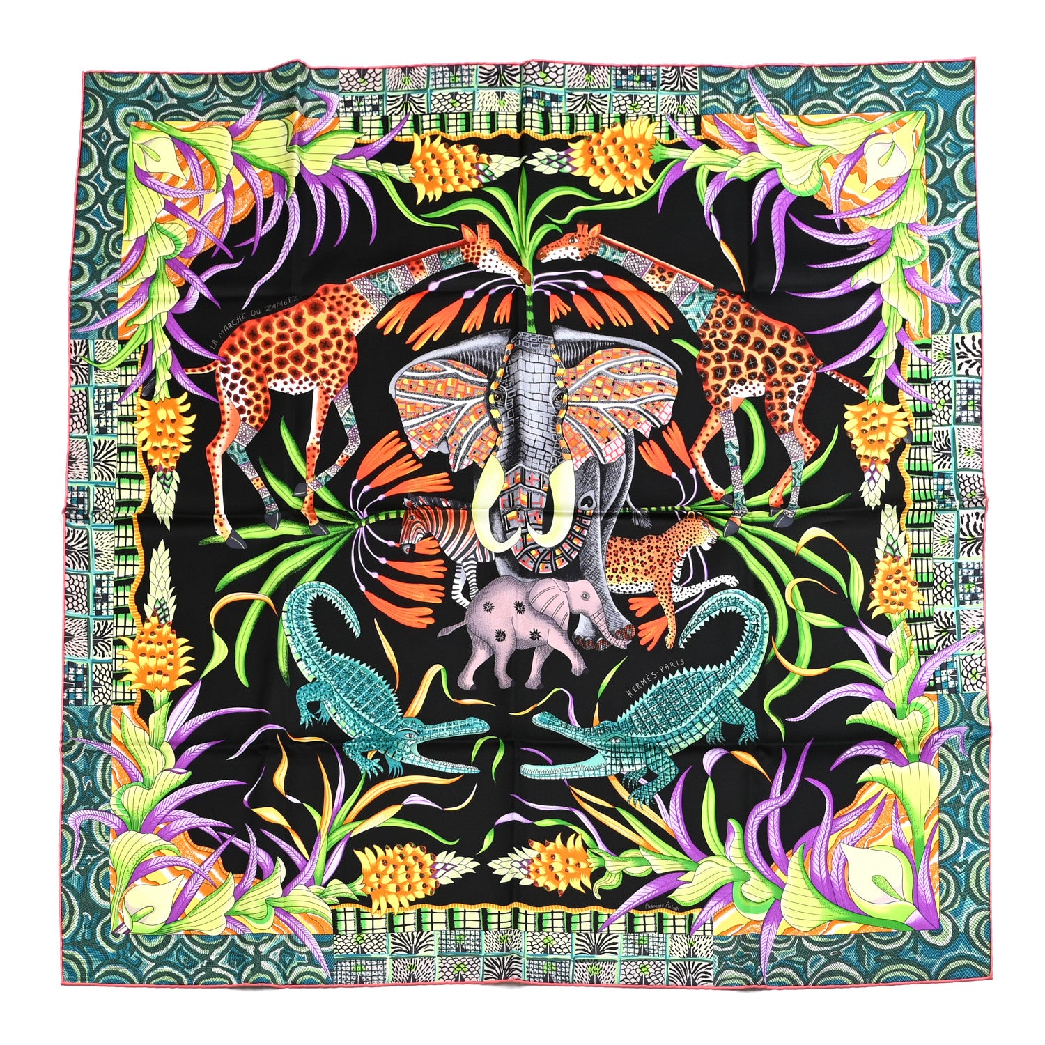 Hermes Silk La Marche Du Zambeze Scarf 90 Black Vert Orange 1 of 6