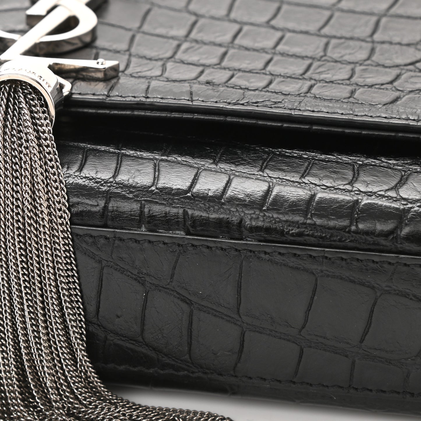 Calfskin Crocodile Embossed Medium Classic Monogram Kate Tassel Satchel Black