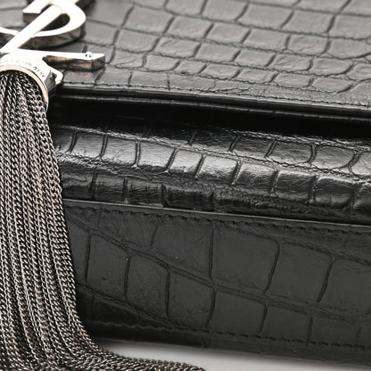 Saint Laurent Calfskin Crocodile Embossed Medium Classic Monogram Kate Tassel Satchel Black 9 of 9