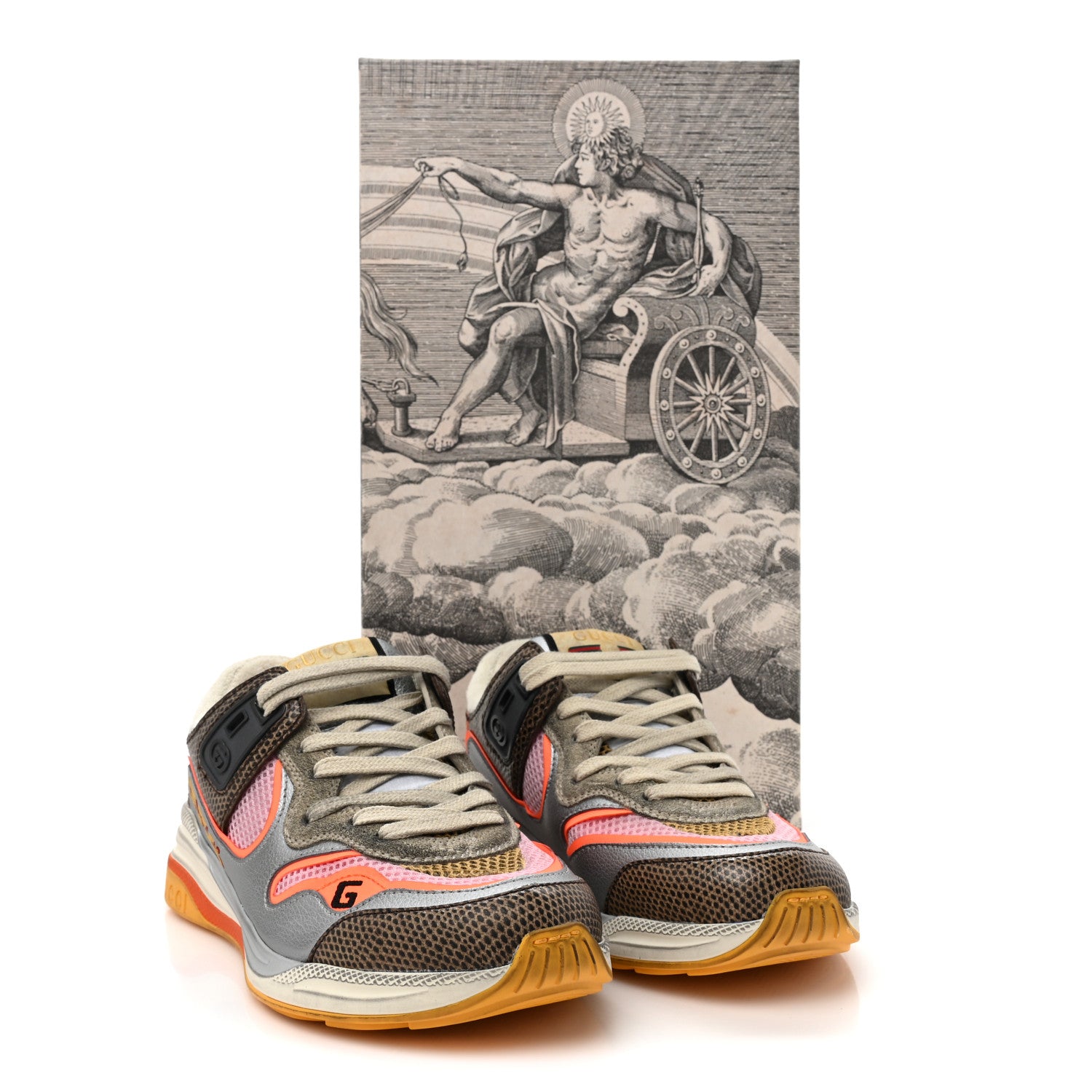 Gucci Calfskin Suede Mesh Lizard Embossed Womens Ultrapace Sneakers 35.5 Silver Anthracite Neon Orange 8 of 8