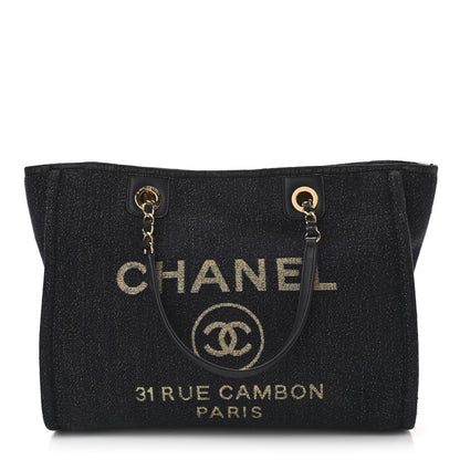 Chanel Lurex Canvas Small Deauville Tote Navy Blue Gold 1 of 10