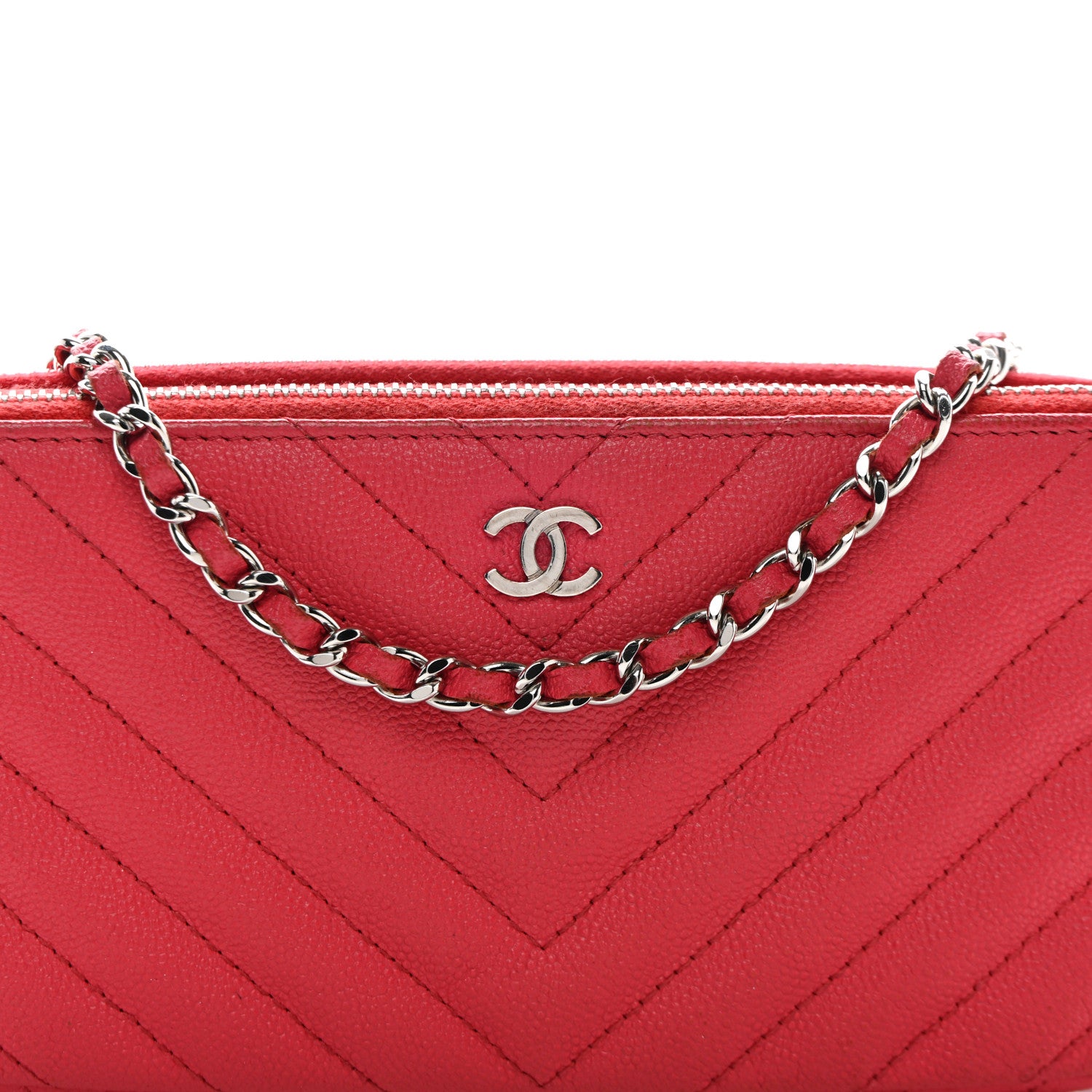 Chanel Caviar Chevron Quilted Small Clutch With Chain Light Red 9 of 15