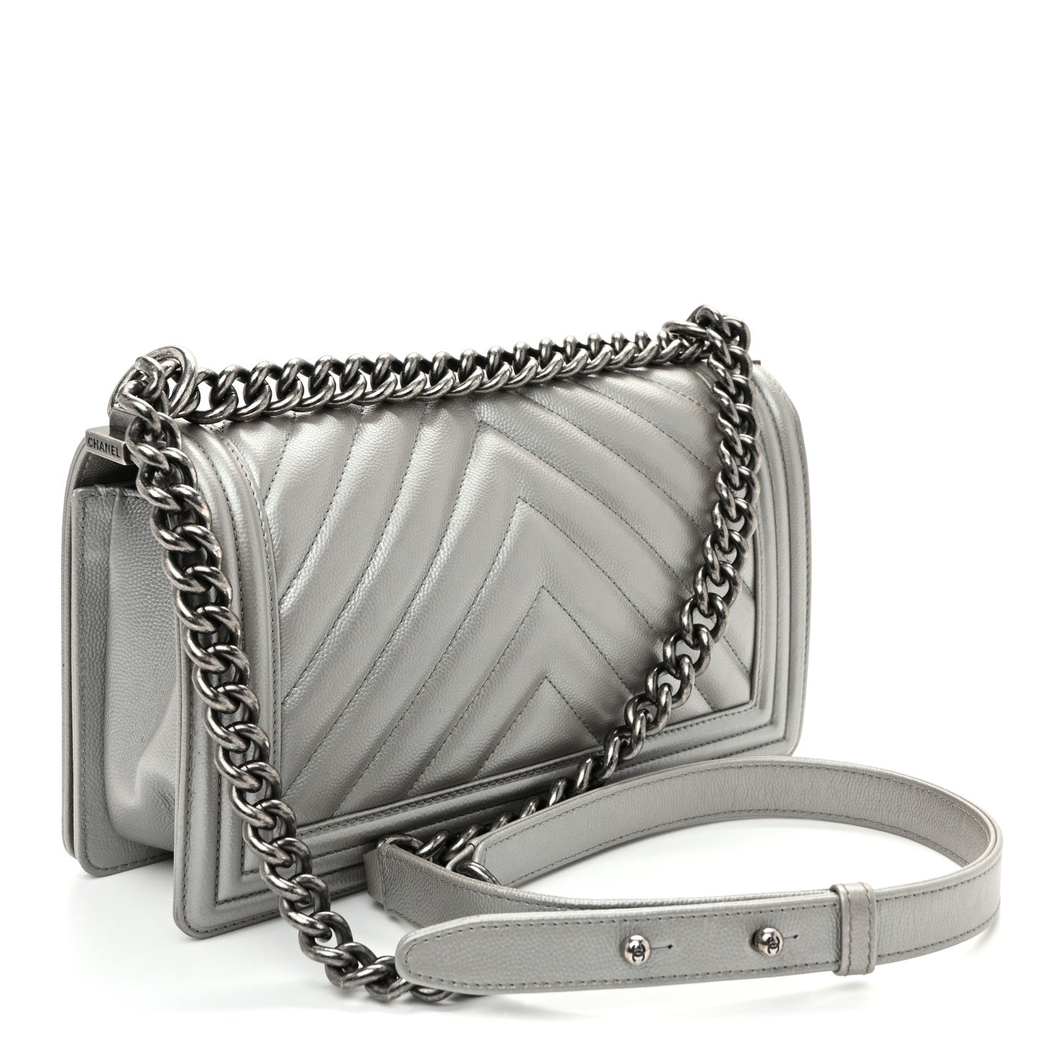 Chanel Metallic Caviar Chevron Quilted Medium Boy Flap Silver 3 of 10