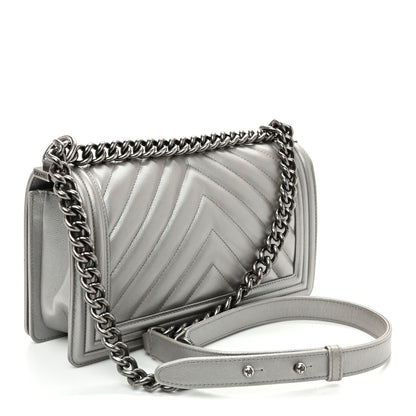 Chanel Metallic Caviar Chevron Quilted Medium Boy Flap Silver 3 of 10
