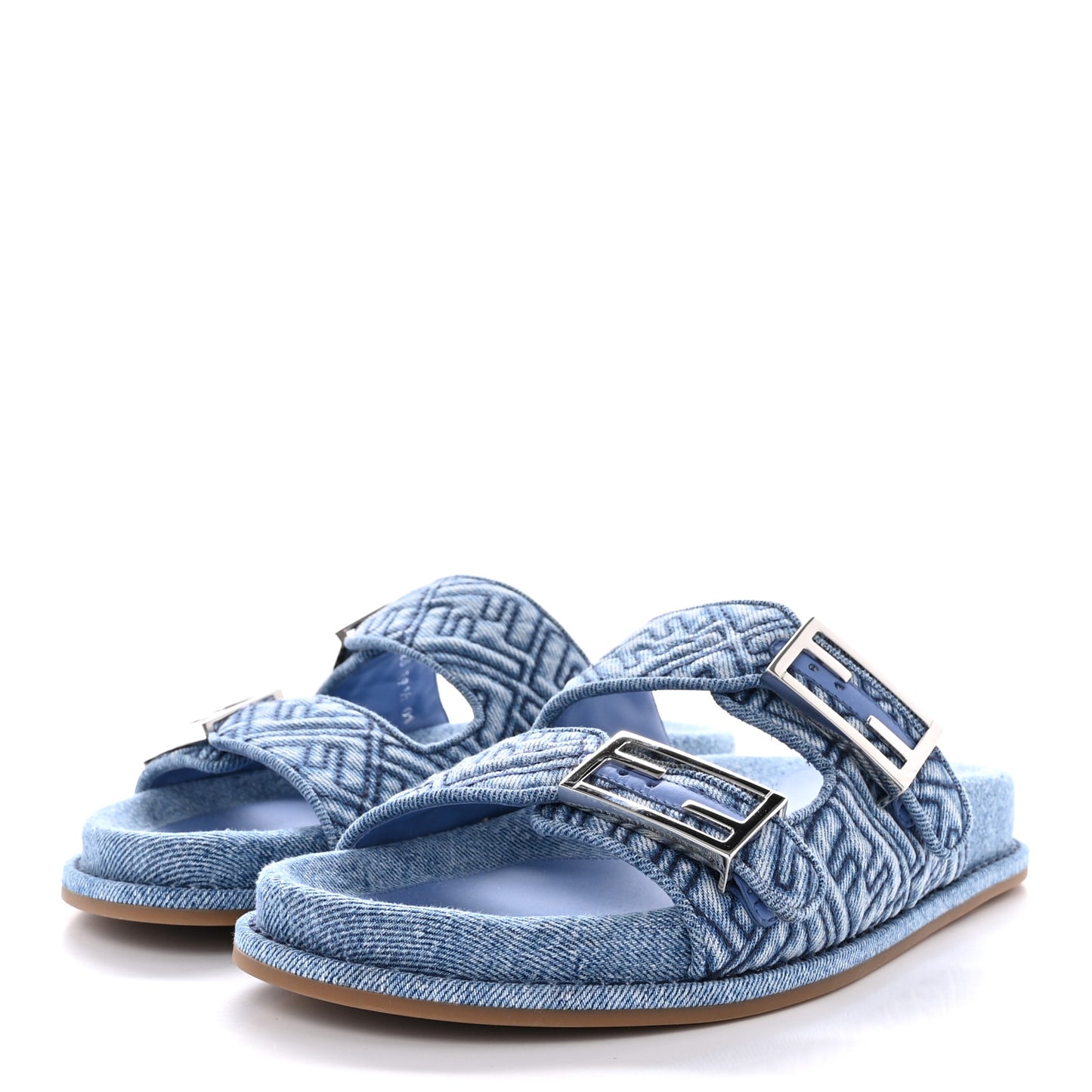 Denim Jacquard FF Womens Fendi Feel Buckled Slide Sandals 39.5 Blue