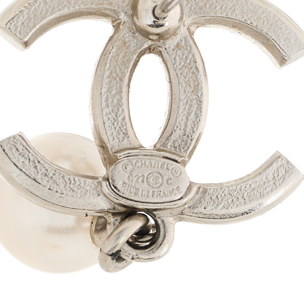 Chanel Pearl Crystal CC Drop Earrings Silver Pearly White 4 of 5