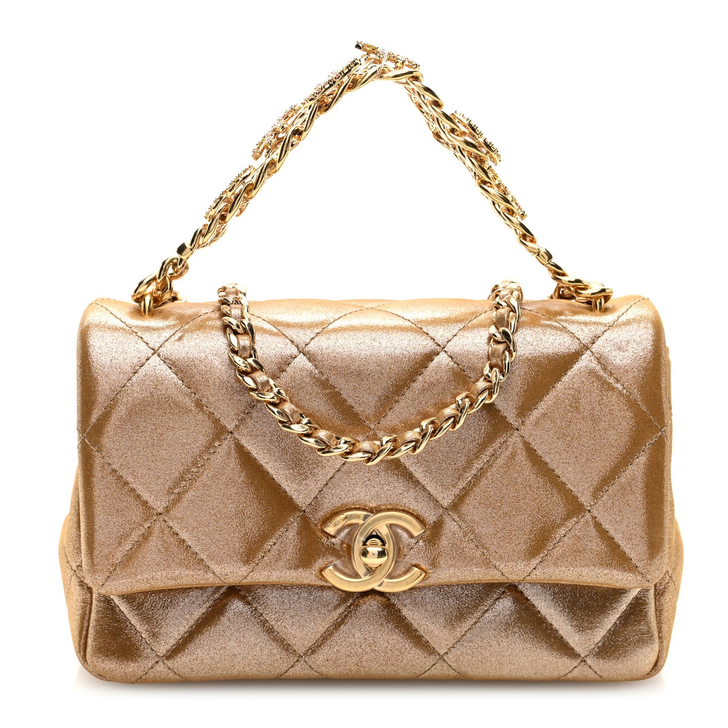 Metallic Lambskin Quilted Mini CC Crystal Logo Chain Flap Gold