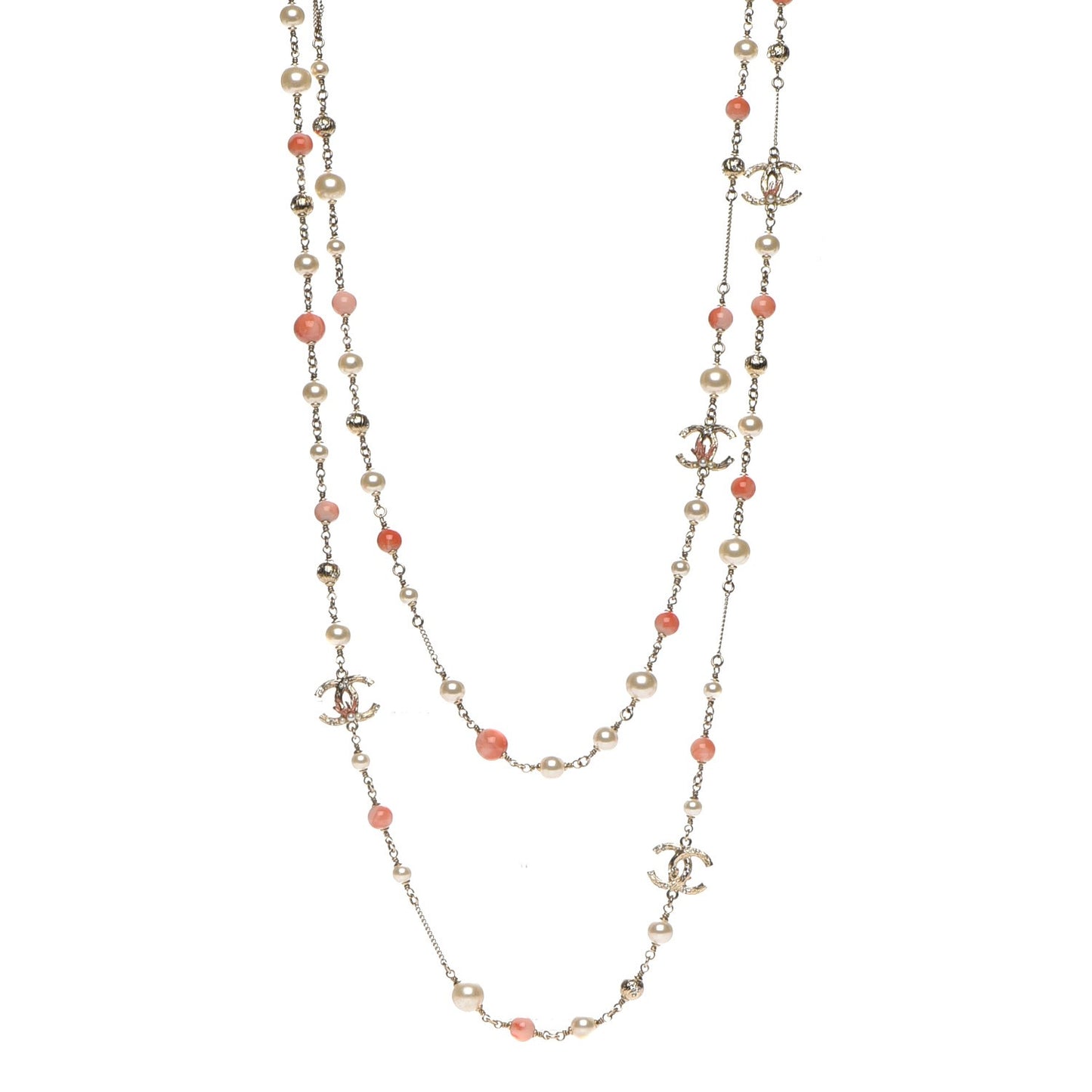 Beaded Pearl Crystal CC Long Strand Necklace Gold Coral