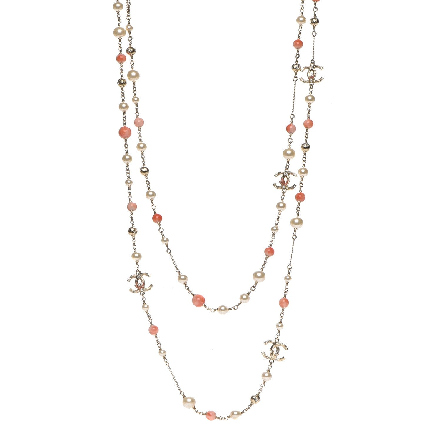 Chanel Beaded Pearl Crystal CC Long Strand Necklace Gold Coral 1 of 7
