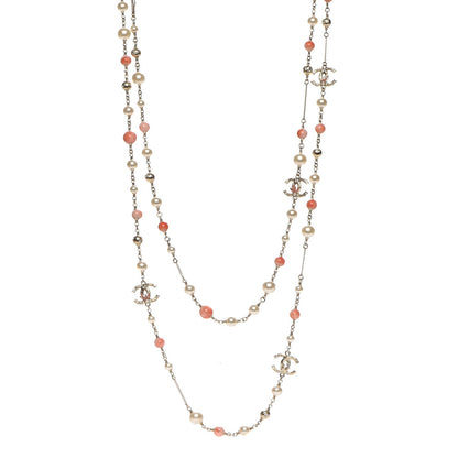Chanel Beaded Pearl Crystal CC Long Strand Necklace Gold Coral 1 of 7