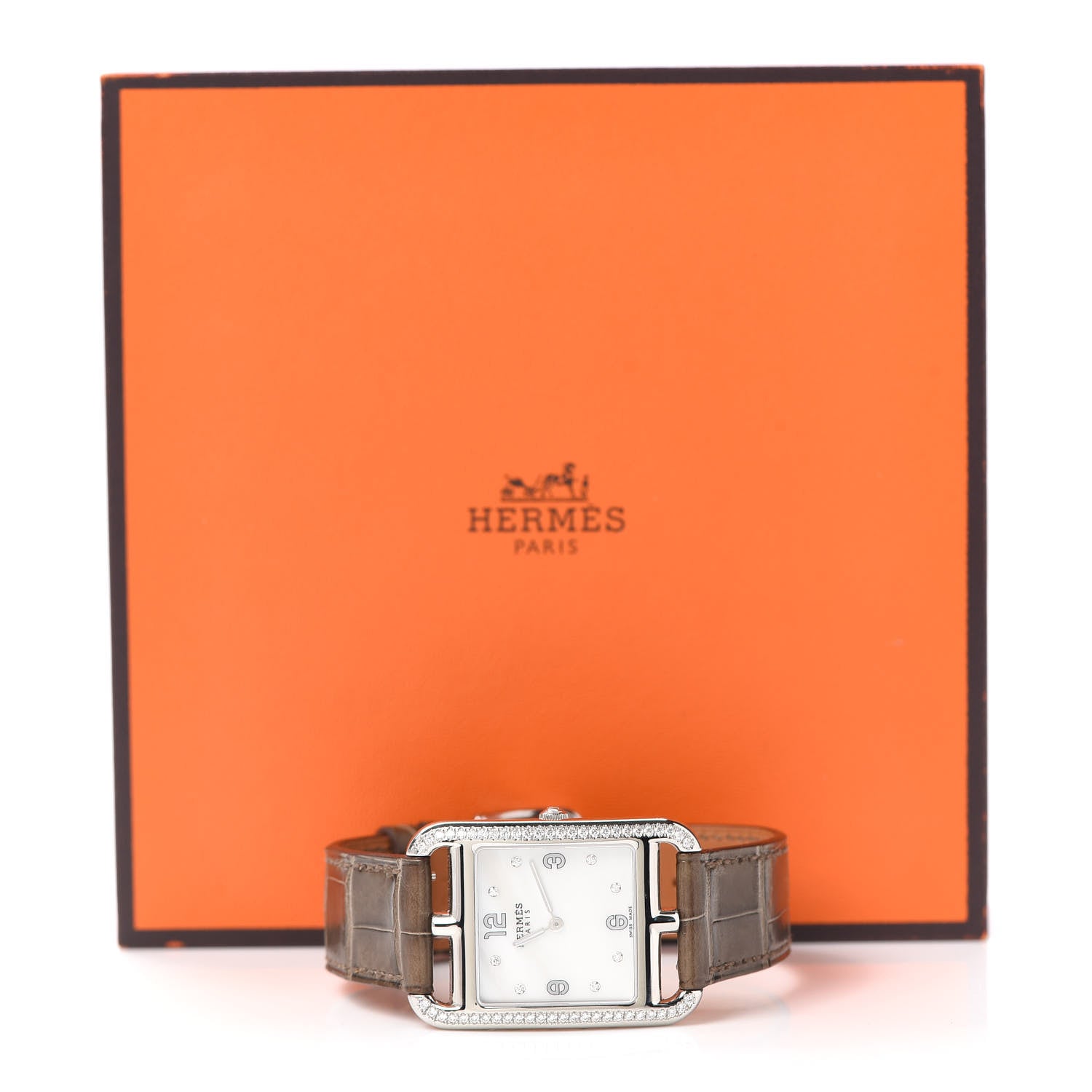 Hermes Stainless Steel Alligator Diamond Bezel Mother of Pearl 29mm Cape Cod Quartz Watch Etoupe 5 of 5