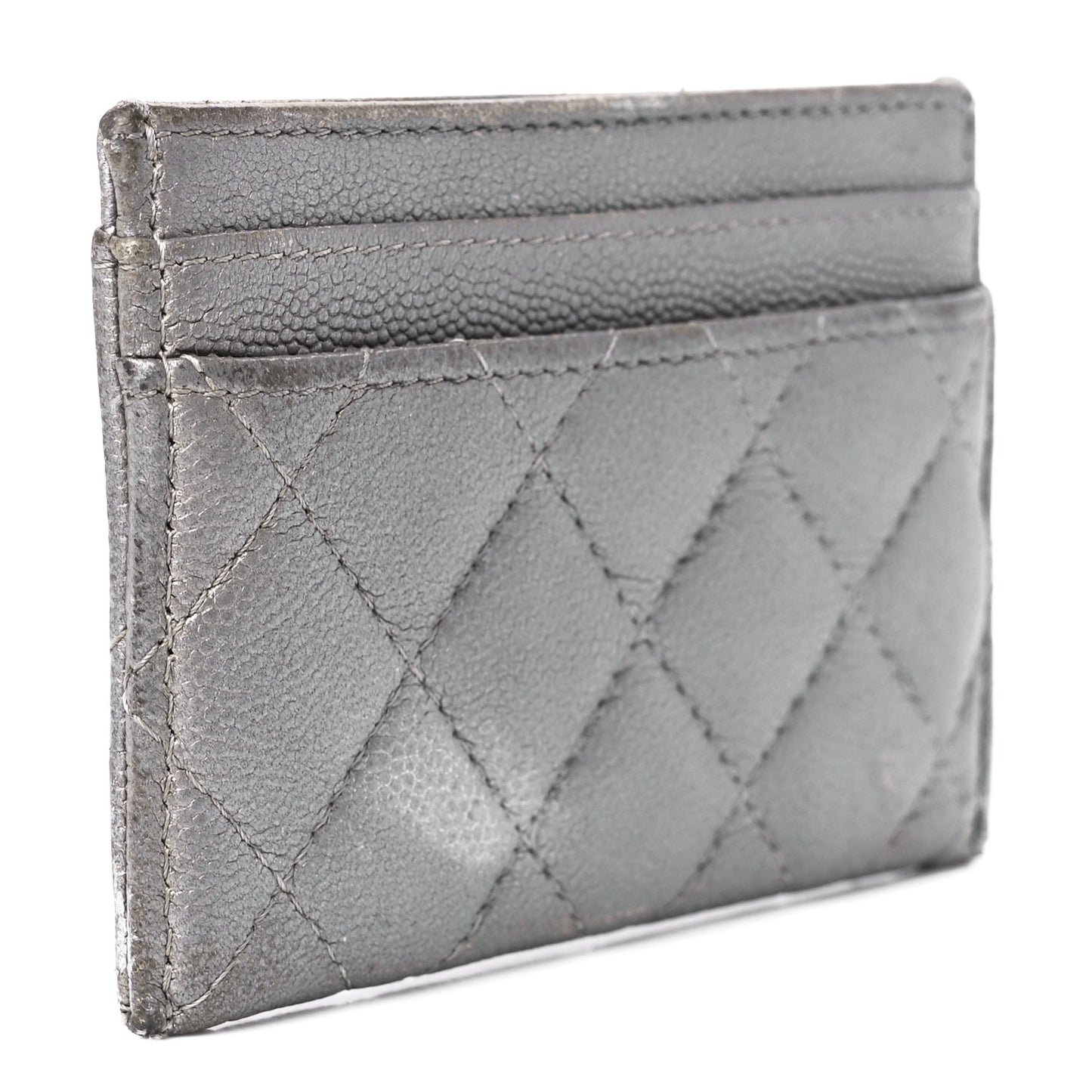 Metallic Caviar Quilted Card Holder Silver