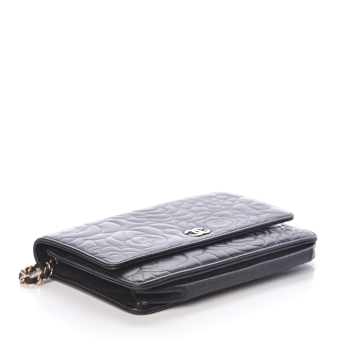 Lambskin Camellia Embossed Wallet On Chain WOC Black