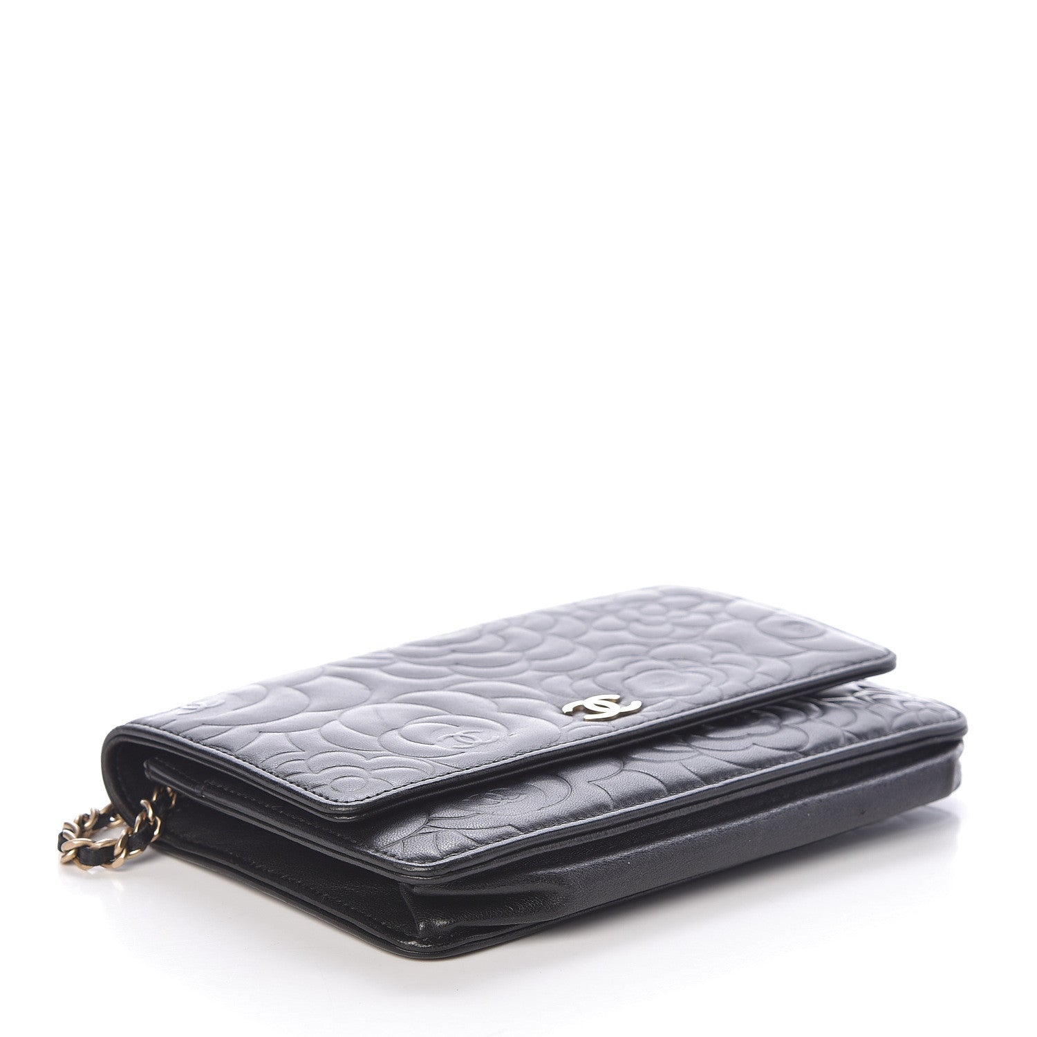 Chanel Lambskin Camellia Embossed Wallet On Chain WOC Black 4 of 10
