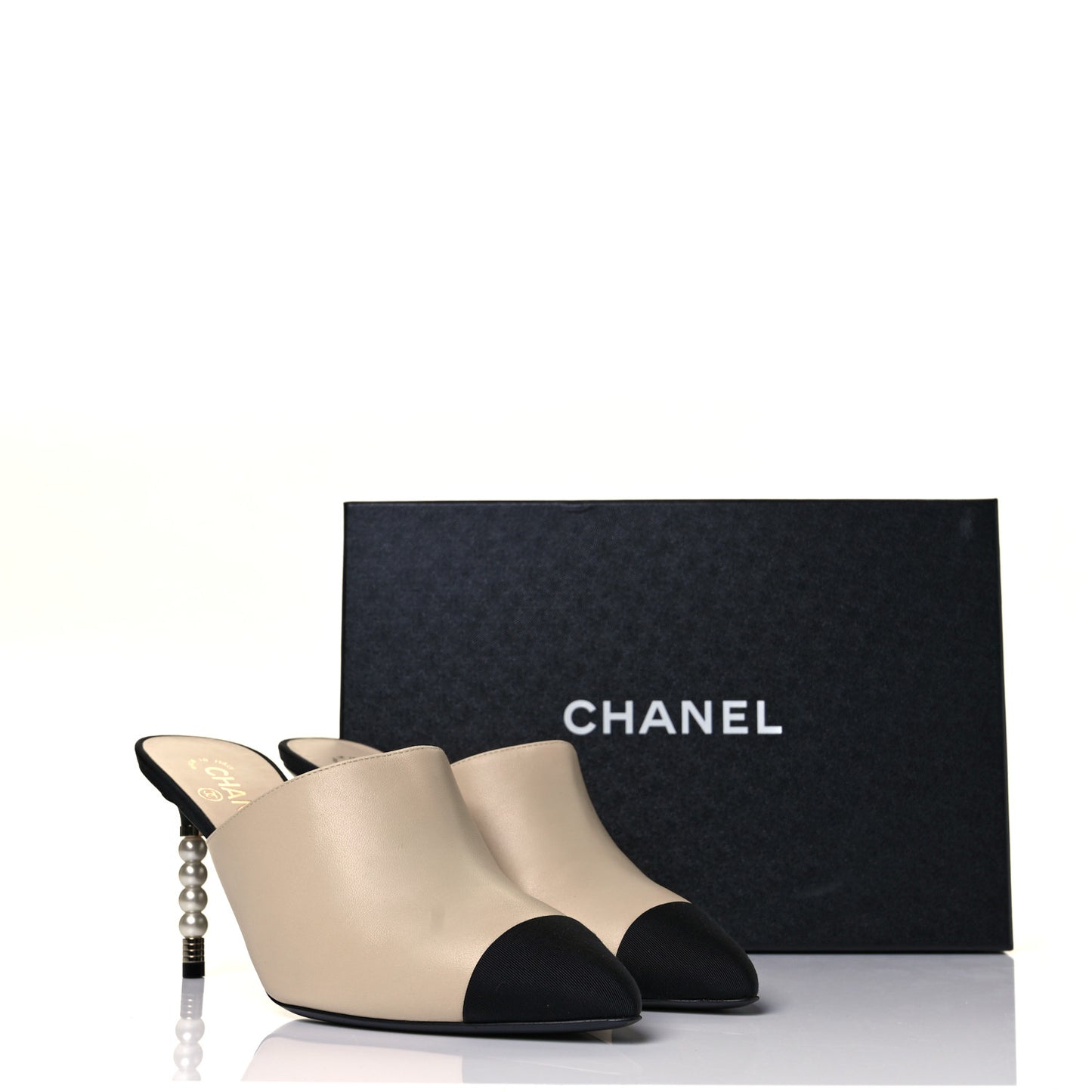 Lambskin Grosgrain Cap Toe Pearl Mule 41.5 Beige Black