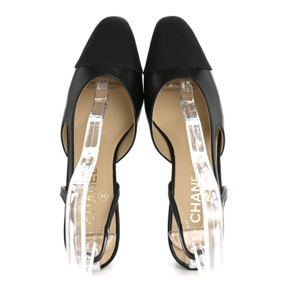 Chanel Goatskin Grosgrain Cap Toe CC Slingback Pumps 38 Black 2 of 10