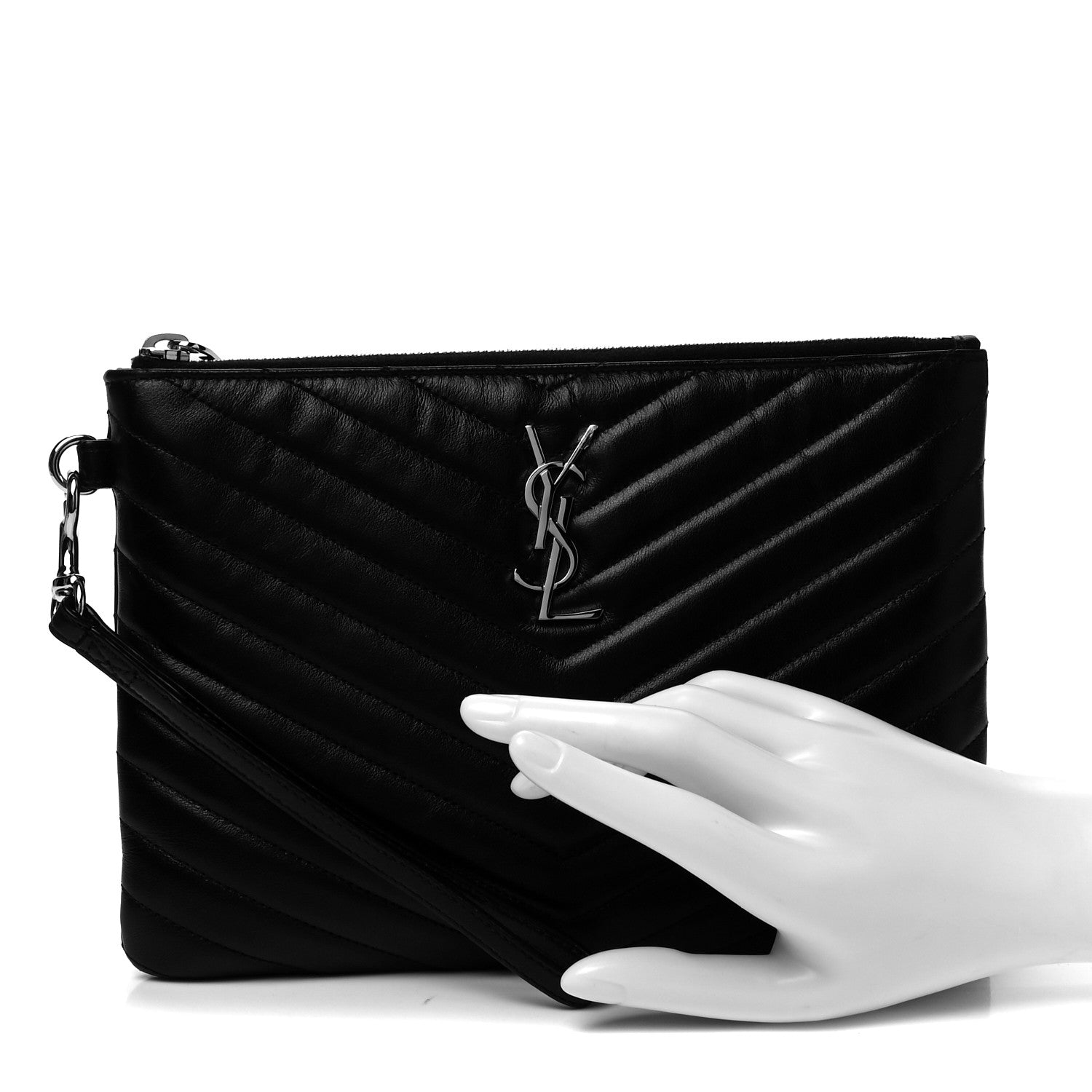 Saint Laurent Calfskin Matelasse Chevron Monogram A5 Wristlet Black 2 of 7