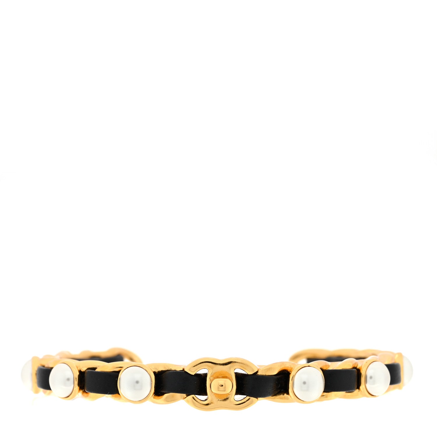 Chanel Lambskin Pearl CC Cuff Bracelet M Black Gold 1 of 3